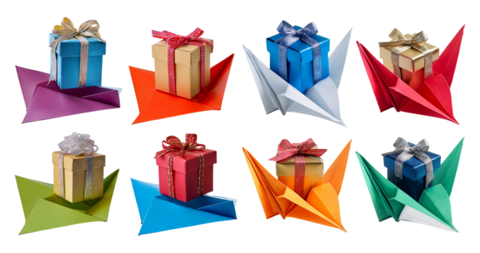 Colorful Gift Boxes on Paper Boats for Festive Celebrations, isolated on transparent background