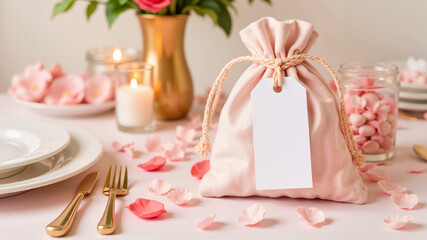Elegant pink gift bag with blank tag on festive table setting for wedding invitations, party favors, and luxury retail branding