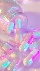 Shimmering pills spill from a jar, glowing with iridescent hues in a dreamy pastel scene