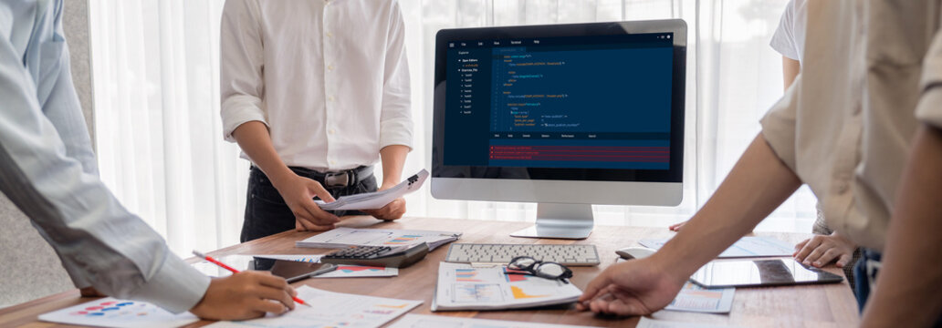 Software development programming on computer screen for brisk application and program coding