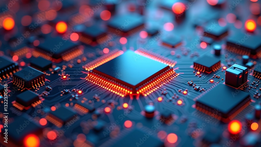 Poster close-up of a complex circuit board with glowing microchips