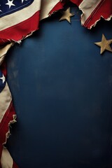 A tattered American flag draped over a dark blue background, symbolizing resilience and patriotism