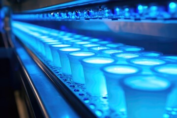 Obraz premium Rows of illuminated yogurt cups on a conveyor belt in a food production facility