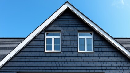 Naklejka premium Exterior shot of a house with a gable roof and two windows against a blue sky. Generative AI
