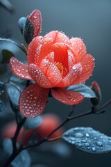 Beautiful Magnolia Flower with Red Petals and Green Leaves on Branches with Dewdrops on Green Background