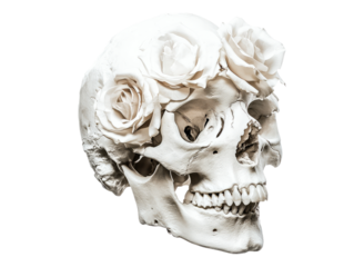White Skull with Elegant White Roses on Top as Decorative Element