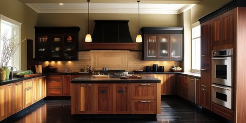 A modern kitchen features cabinetry island and a cooking range
