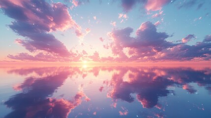 Naklejka premium Pink sunset reflected in calm water.