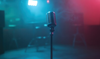A vintage microphone stands in a dimly lit venue, ready for performance.