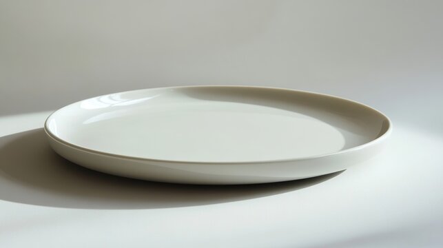 A pristine, round porcelain plate, its smooth surface reflecting a soft light, sits majestically on a pristine white background, cast in a subtle shadow, ready to elevate any culinary presentation.