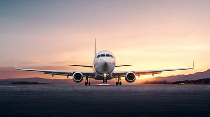 Naklejka premium White Passenger Airplane Taxiing on Runway During Sunset at an Airport