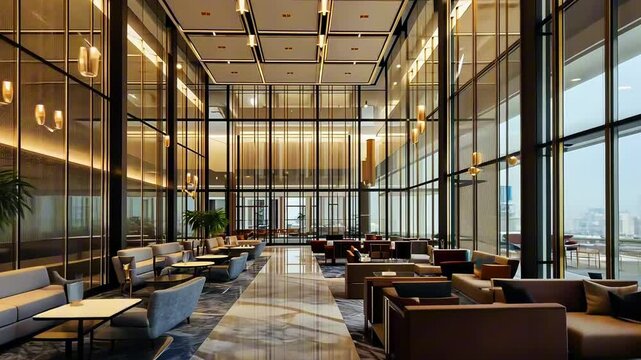 Elegant hotel lobby featuring comfortable seating, marble floors, and large glass windows