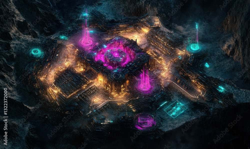 Poster abstract digital circuit design with glowing elements and structures.