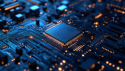 Obraz premium High-tech blue circuit board with a chip and glowing lights