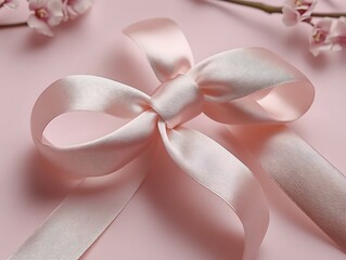 A delicate pink ribbon bow with floral decorations on display