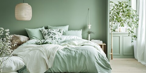 A comfortable bedroom with natural light and green decor elements