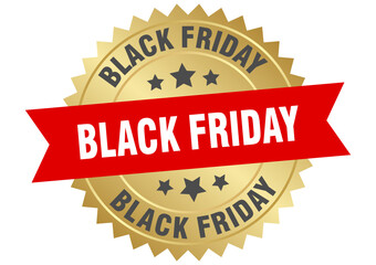 black friday. black friday round red and gold label isolated on transparent background