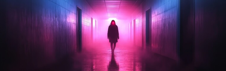 Mysterious Figure in Hallway with Glowing Red Eyes