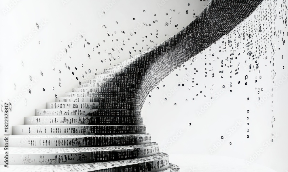 Poster binary code staircase: minimalist doodle symbolizing technological progress