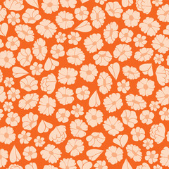 Pastel Orange Flower Silhouettes as Blender Scattered on a Tangerine Orange background creating a seamless pattern print background