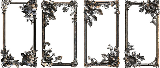 Vintage-inspired metal frame with floral engraving, transparent background