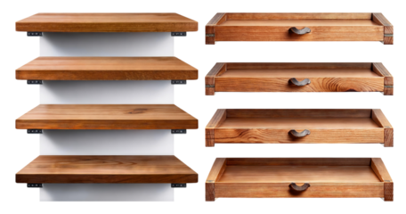 Wooden Shelves and Drawers Design for Storage and Organization, PNG bundle collection, Isolated on Transparent Background