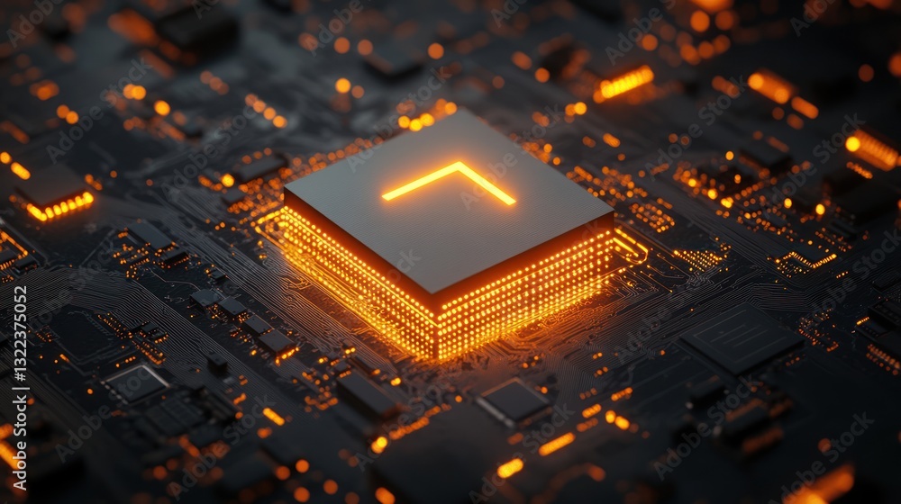 Poster glowing cpu on circuit board.