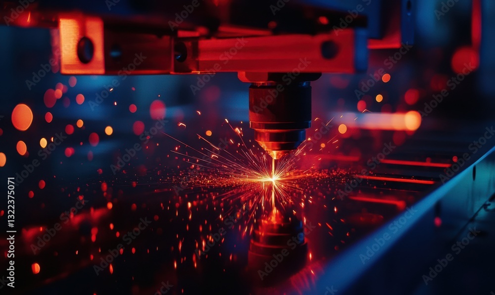 Poster close-up of a laser cutting machine creating sparks and reflections.