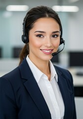 Beautiful woman using microphone as customer service or operator serving the public in the company