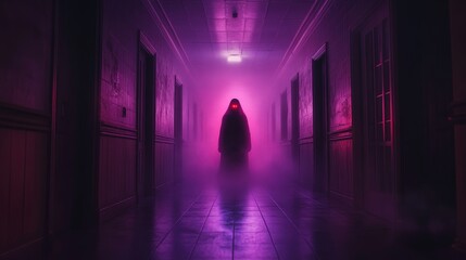 Mysterious Figure in Hallway with Glowing Red Eyes