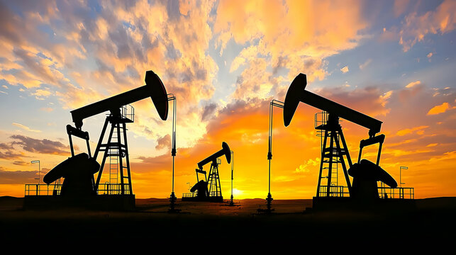 Silhouetted Oil Wells At Sunset With Dramatic Orange And Purple Sky Industrial Energy Extraction Landscape
