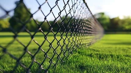 Chain link fence bordering a grassy field.