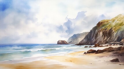 Beautiful serene beach scene depicted in watercolour with clean lines and soft colours
