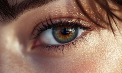 Obraz premium Close-up of a woman's eye surrounded by shimmering makeup, intricate textures and radiant colors highlighting beaut
