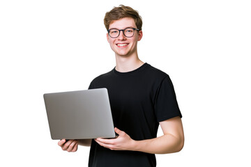 Smiling young man holding a laptop in front of a transparent background