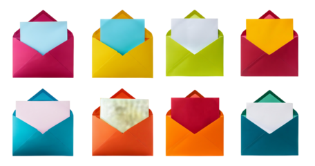 Colorful Envelopes Set for Creative Mail or Invitation Design, isolated on transparent background