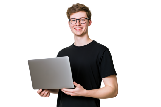 Smiling young man holding a laptop in front of a transparent background - Powered by Adobe