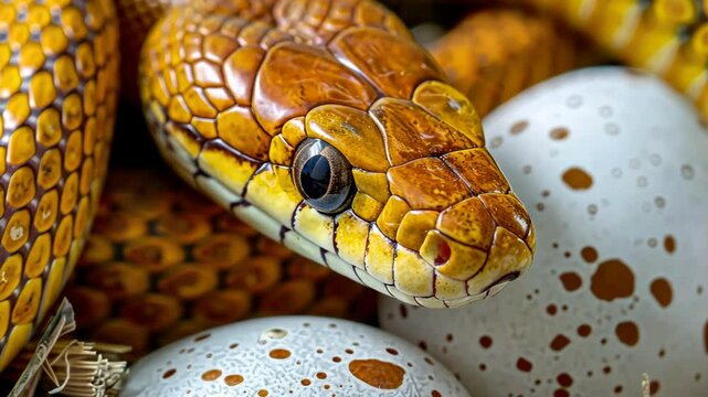 A vibrant snake is coiled near its speckled eggs in a nest, showcasing nature's beauty in a warm, inviting environment