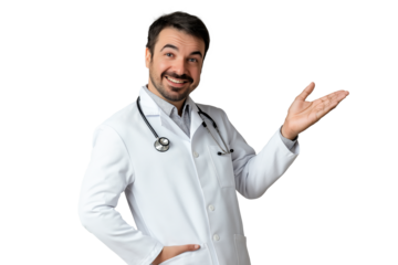 Smiling doctor in a white coat pointing while explaining