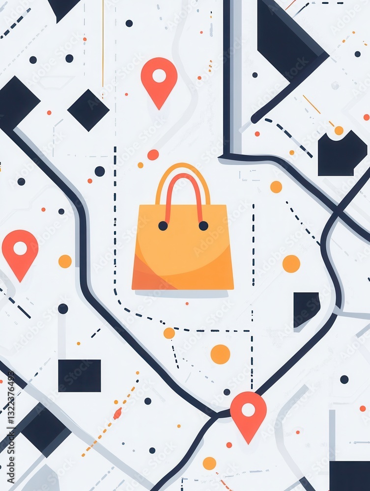 Poster elegant illustration of a delivery route map featuring grocery bag icon and location pins for effici