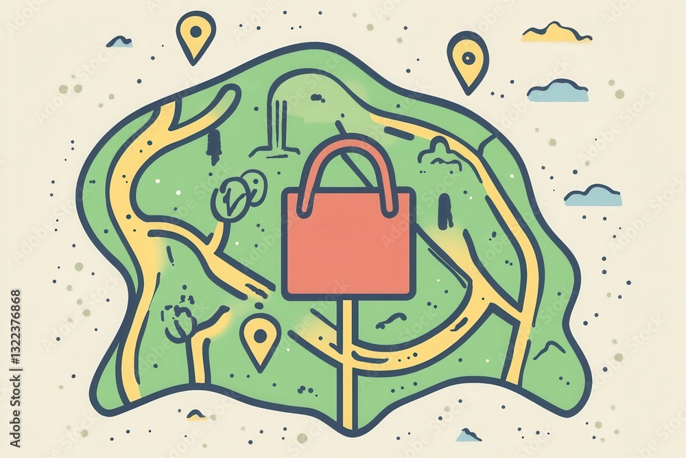 Poster elegant illustration of a delivery route map featuring grocery bag icon and location pins for effici