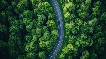 Aerial View of Curved Road in Forest
