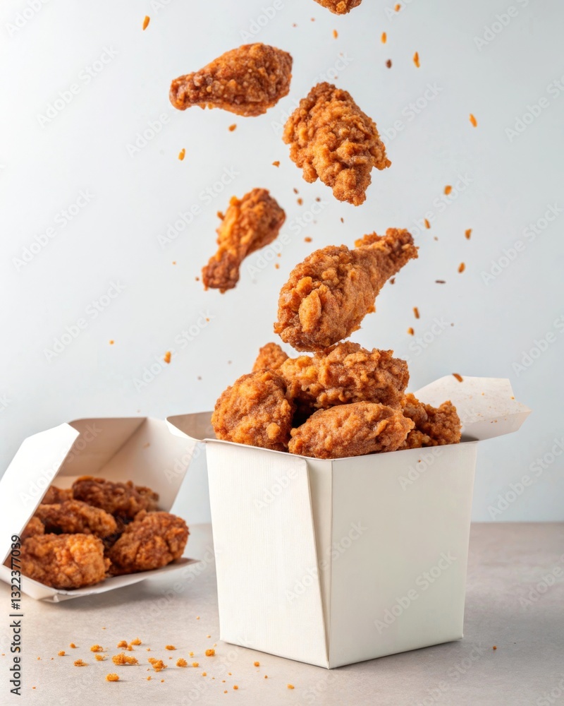 Poster A container overflowing with fried chicken pieces, some floating above it against a light background.