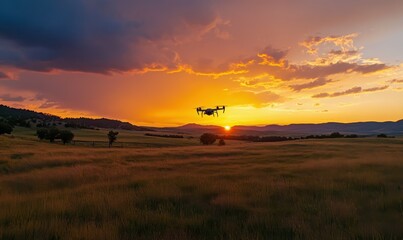 Obraz premium Drone flying against a vibrant sunset in an open field