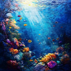 A school of tropical fish swims through a coral reef, surrounded by a diverse marine ecosystem. The underwater scene captures the movement and harmony of ocean wildlife