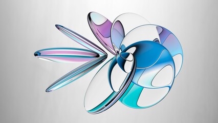 3d rendering. Abstract minimalist aesthetic wallpaper. Kaleidoscope of flat oval transparent pieces isolated on white background. Glass lenses refracting violet blue gradient