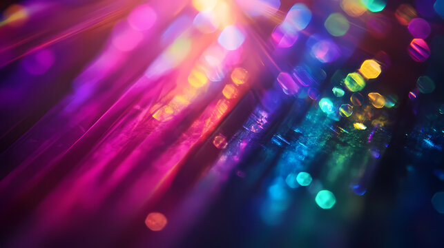 A prism rainbow light on dark background overlay. crystal flare abstract effect. holographic sunlight reflection wallpaper, colorful glare bokeh. Vivid Glare. Illustration