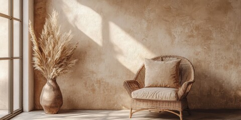 A Wicker Chair Beside A Vase With Tall Dried Plants