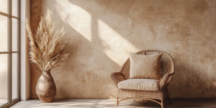 A Wicker Chair Beside A Vase With Tall Dried Plants