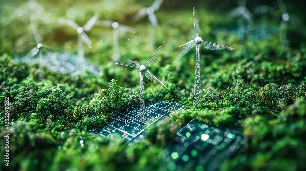 Poster computer generated image of wind turbines in a green field. the turbines are small and appear to be 
